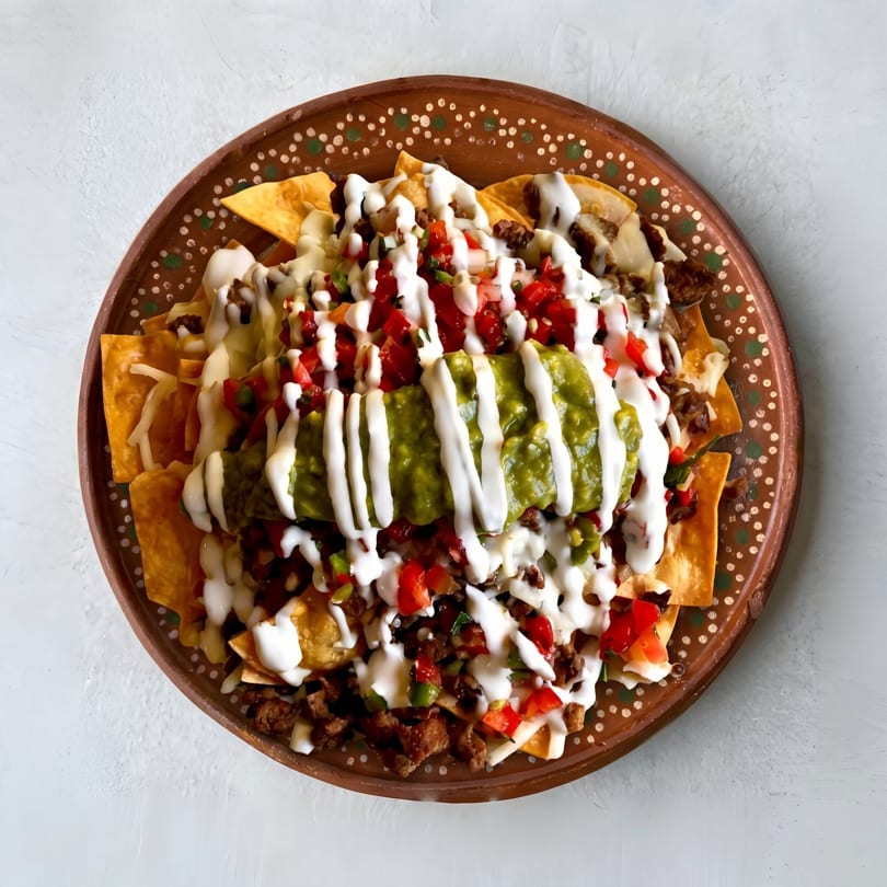 Overhead view of a plate of nachos with guacamole, pico de gallo, and sour cream.