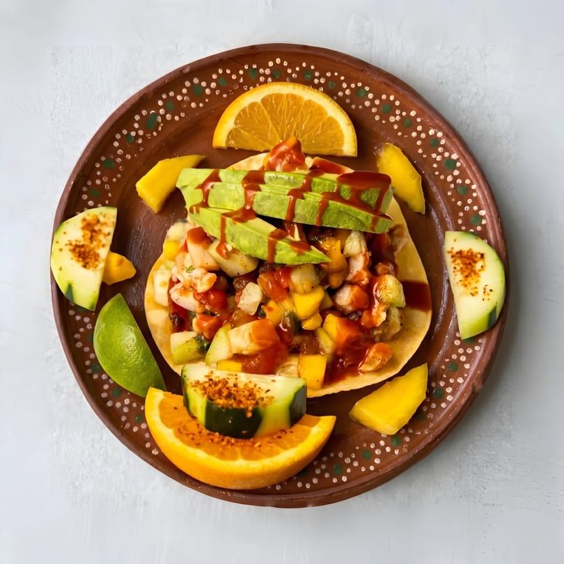 Tostada with shrimp, mango, avocado, and hot sauce, garnished with fruit on a brown plate.